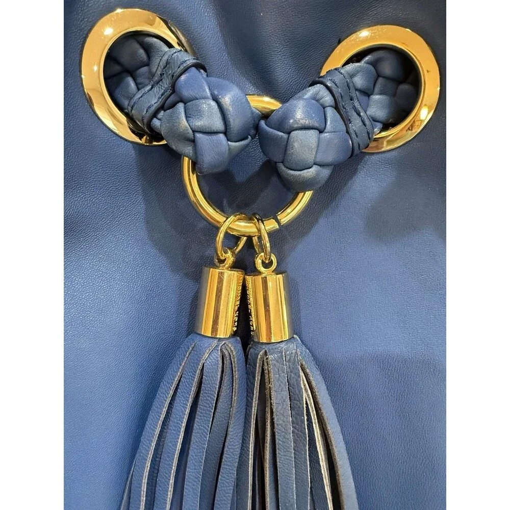 Michael Kors Shoulder Bag Braided Handle Tassel Gold Hardware Logo Charm Blue